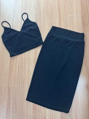 Black Shimmer 2 Piece Set Crop Top & Midi Skirt Small